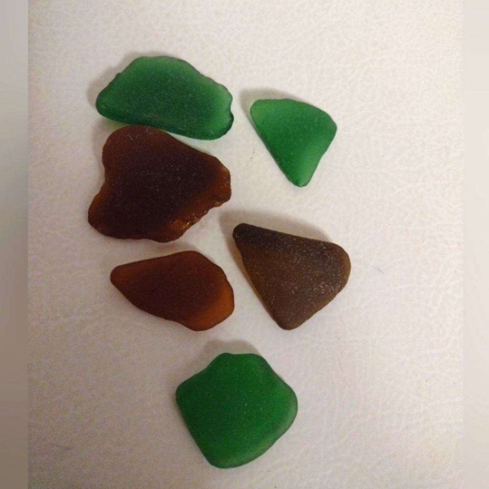 Vintage Genuine Surf Tumbled Sea Glass Set Of 6 Green & Amber Brown